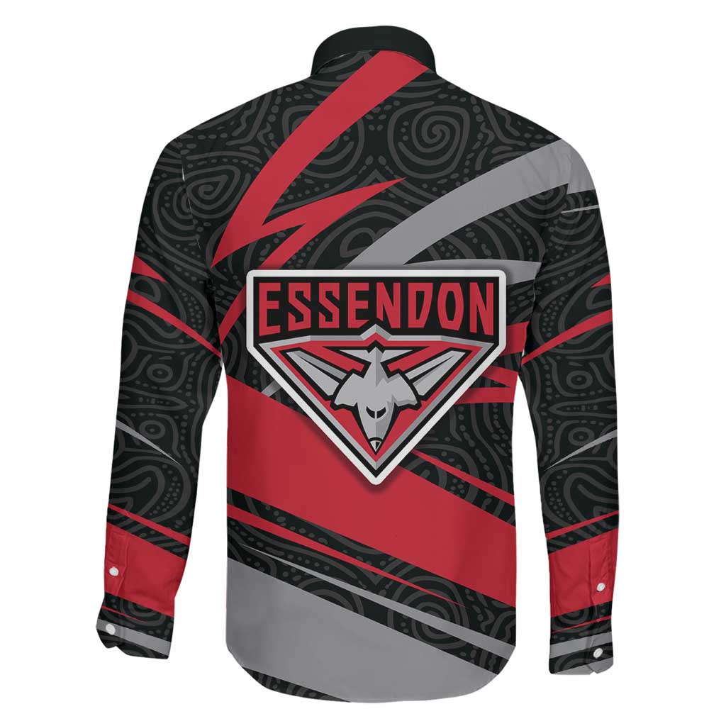 Essendon Bombers Australian Football Family Matching Off The Shoulder Long Sleeve Dress and Hawaiian Shirt Skeeta Mascot With Indigenous Pattern Art