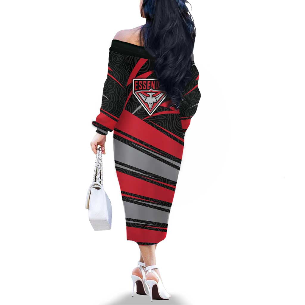 Essendon Bombers Australian Football Family Matching Off The Shoulder Long Sleeve Dress and Hawaiian Shirt Skeeta Mascot With Indigenous Pattern Art