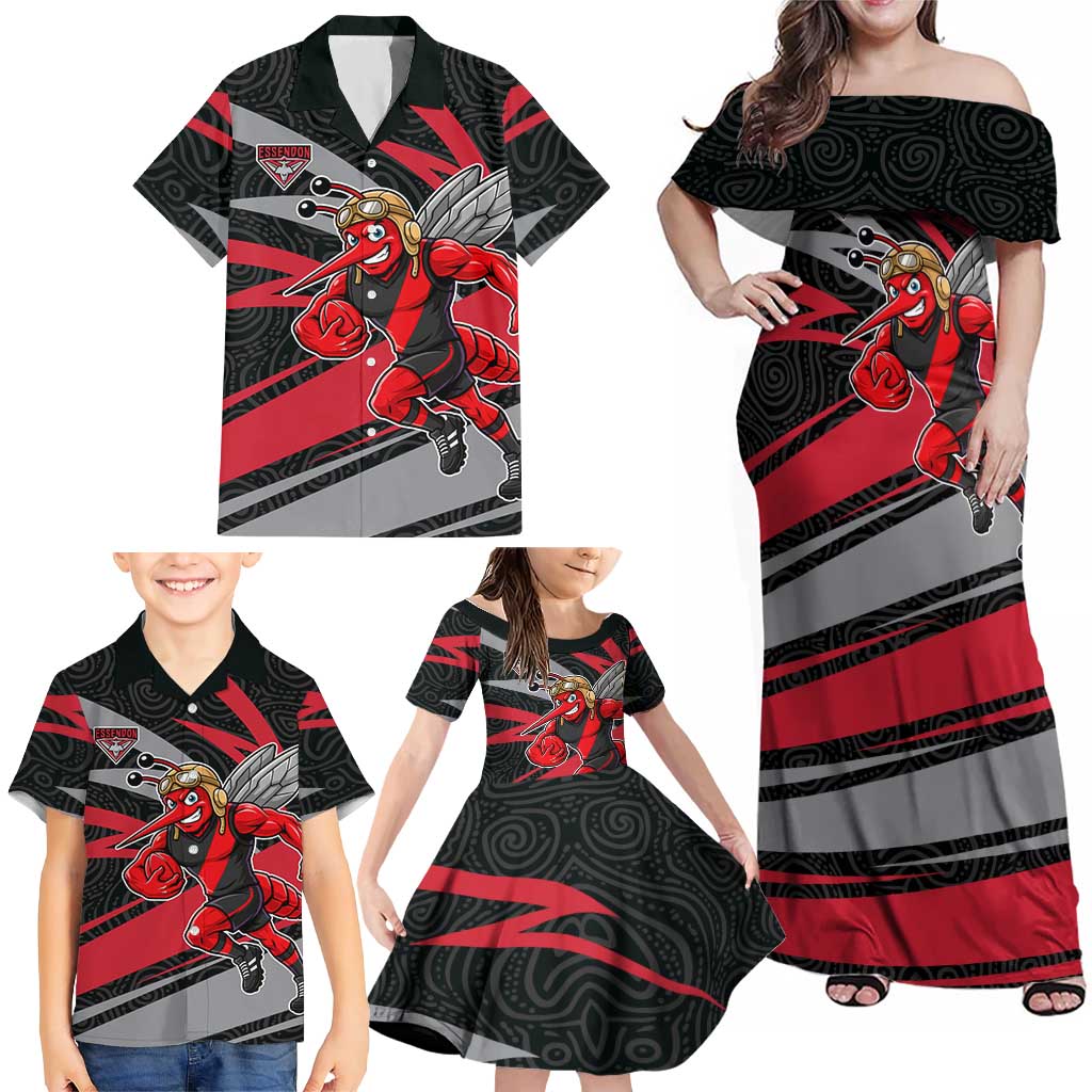 Essendon Bombers Australian Football Family Matching Off Shoulder Maxi Dress and Hawaiian Shirt Skeeta Mascot With Indigenous Pattern Art
