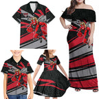 Essendon Bombers Australian Football Family Matching Off Shoulder Maxi Dress and Hawaiian Shirt Skeeta Mascot With Indigenous Pattern Art