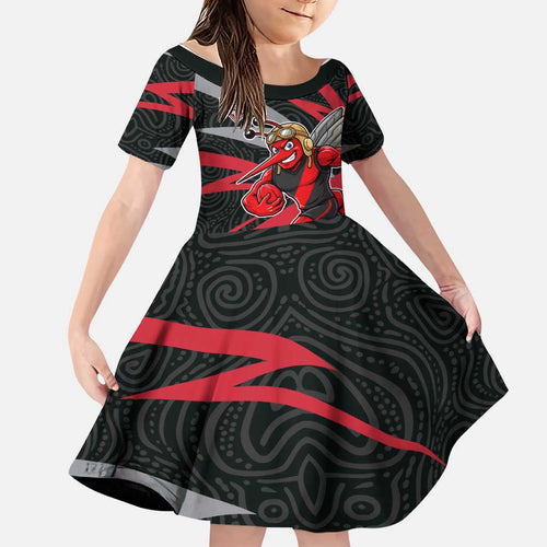 Essendon Bombers Australian Football Family Matching Off Shoulder Maxi Dress and Hawaiian Shirt Skeeta Mascot With Indigenous Pattern Art