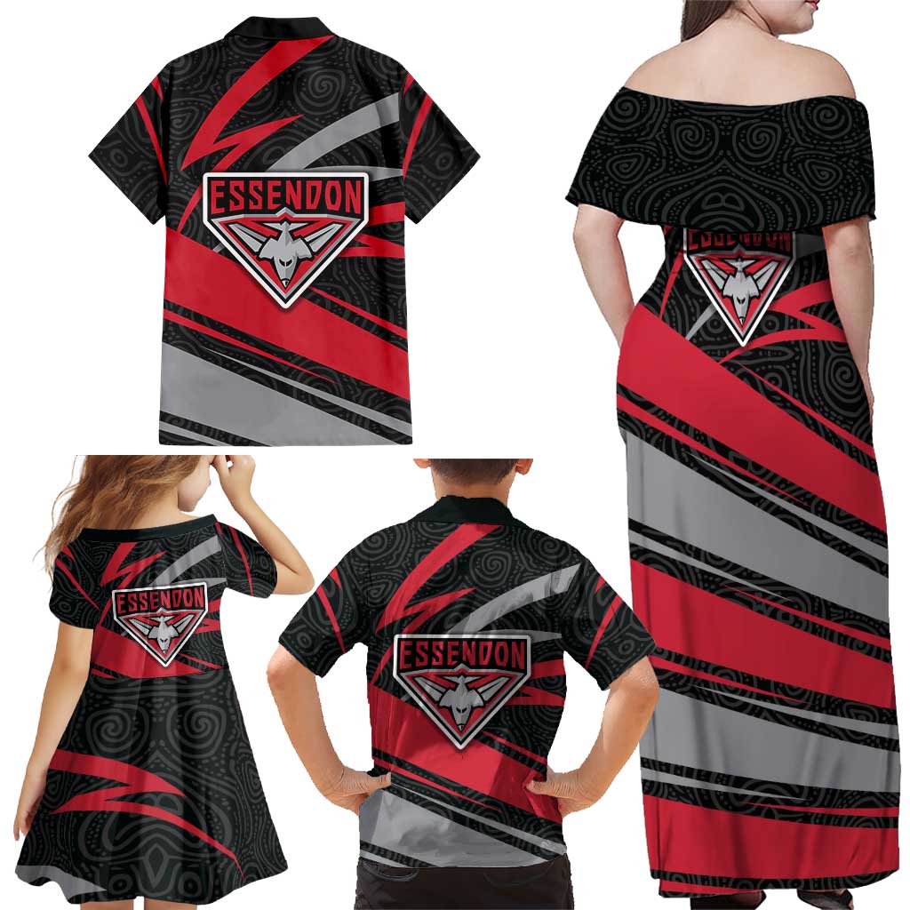 Essendon Bombers Australian Football Family Matching Off Shoulder Maxi Dress and Hawaiian Shirt Skeeta Mascot With Indigenous Pattern Art