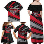 Essendon Bombers Australian Football Family Matching Off Shoulder Maxi Dress and Hawaiian Shirt Skeeta Mascot With Indigenous Pattern Art