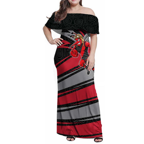 Essendon Bombers Australian Football Family Matching Off Shoulder Maxi Dress and Hawaiian Shirt Skeeta Mascot With Indigenous Pattern Art
