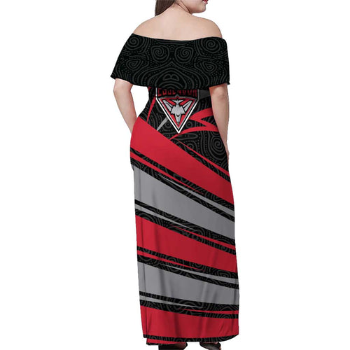 Essendon Bombers Australian Football Family Matching Off Shoulder Maxi Dress and Hawaiian Shirt Skeeta Mascot With Indigenous Pattern Art