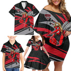 Essendon Bombers Australian Football Family Matching Off Shoulder Short Dress and Hawaiian Shirt Skeeta Mascot With Indigenous Pattern Art