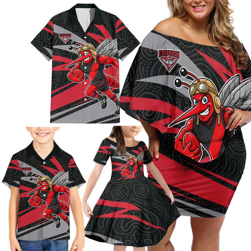 Essendon Bombers Australian Football Family Matching Off Shoulder Short Dress and Hawaiian Shirt Skeeta Mascot With Indigenous Pattern Art
