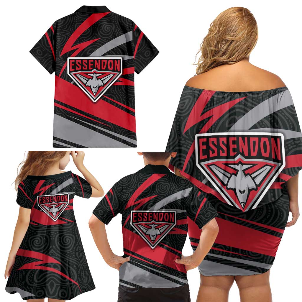 Essendon Bombers Australian Football Family Matching Off Shoulder Short Dress and Hawaiian Shirt Skeeta Mascot With Indigenous Pattern Art