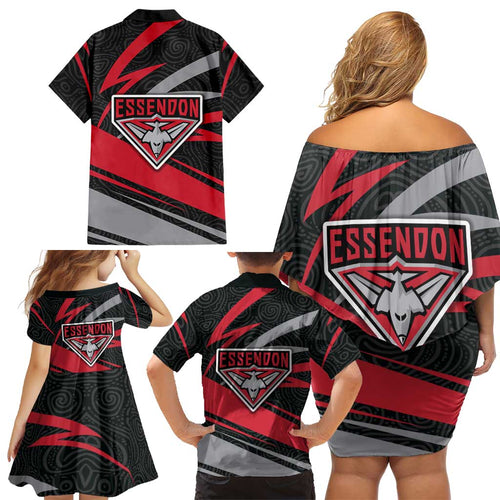 Essendon Bombers Australian Football Family Matching Off Shoulder Short Dress and Hawaiian Shirt Skeeta Mascot With Indigenous Pattern Art