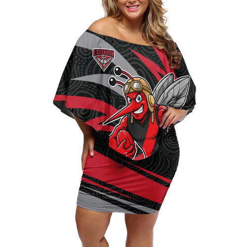 Essendon Bombers Australian Football Family Matching Off Shoulder Short Dress and Hawaiian Shirt Skeeta Mascot With Indigenous Pattern Art