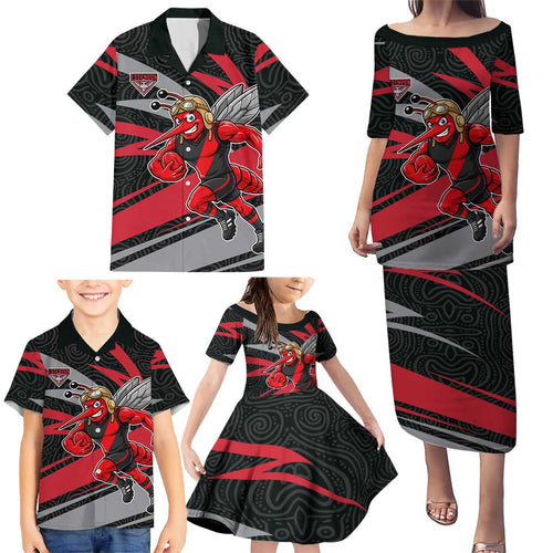 Essendon Bombers Australian Football Family Matching Puletasi and Hawaiian Shirt Skeeta Mascot With Indigenous Pattern Art