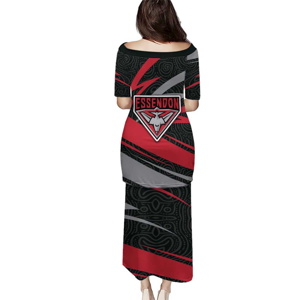 Essendon Bombers Australian Football Family Matching Puletasi and Hawaiian Shirt Skeeta Mascot With Indigenous Pattern Art