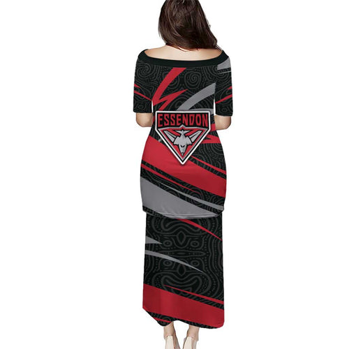 Essendon Bombers Australian Football Family Matching Puletasi and Hawaiian Shirt Skeeta Mascot With Indigenous Pattern Art