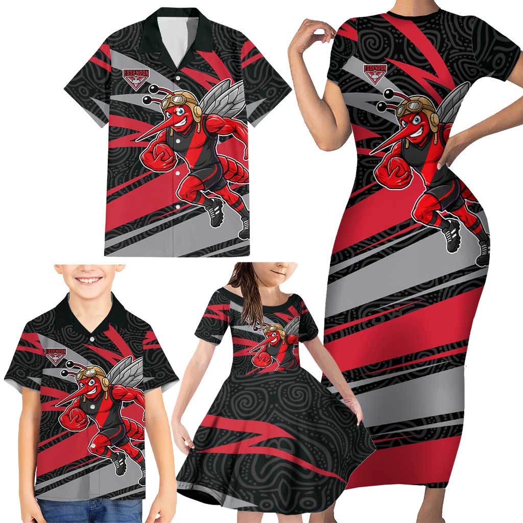 Essendon Bombers Australian Football Family Matching Short Sleeve Bodycon Dress and Hawaiian Shirt Skeeta Mascot With Indigenous Pattern Art