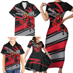 Essendon Bombers Australian Football Family Matching Short Sleeve Bodycon Dress and Hawaiian Shirt Skeeta Mascot With Indigenous Pattern Art