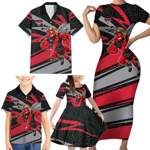 Essendon Bombers Australian Football Family Matching Short Sleeve Bodycon Dress and Hawaiian Shirt Skeeta Mascot With Indigenous Pattern Art