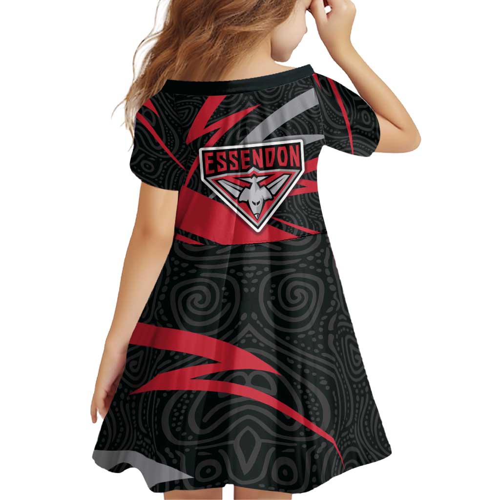 Essendon Bombers Australian Football Family Matching Short Sleeve Bodycon Dress and Hawaiian Shirt Skeeta Mascot With Indigenous Pattern Art