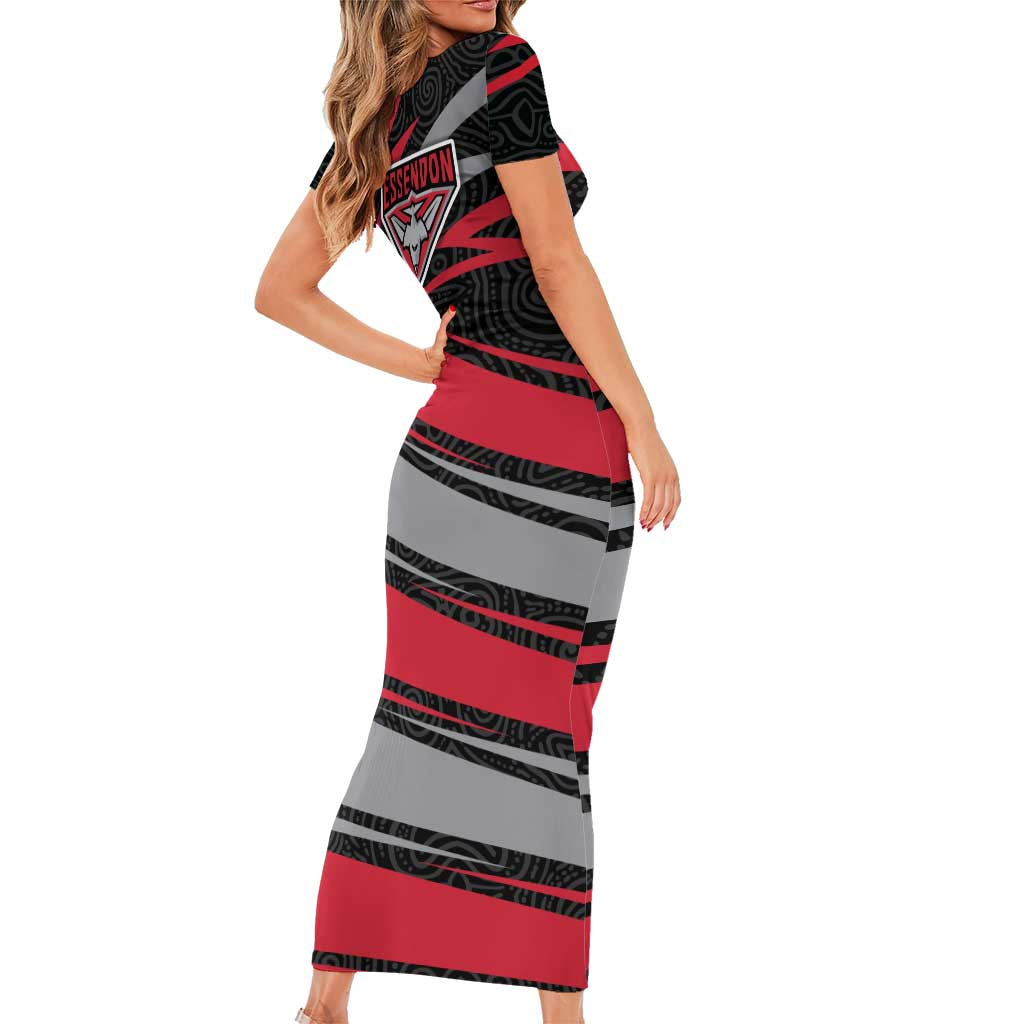 Essendon Bombers Australian Football Family Matching Short Sleeve Bodycon Dress and Hawaiian Shirt Skeeta Mascot With Indigenous Pattern Art
