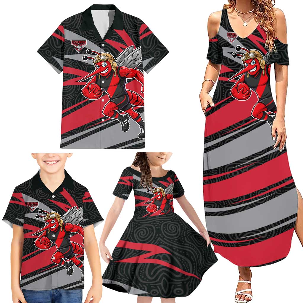 Essendon Bombers Australian Football Family Matching Summer Maxi Dress and Hawaiian Shirt Skeeta Mascot With Indigenous Pattern Art