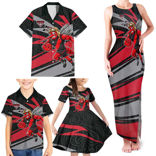 Essendon Bombers Australian Football Family Matching Tank Maxi Dress and Hawaiian Shirt Skeeta Mascot With Indigenous Pattern Art