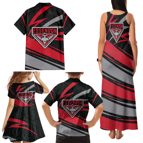 Essendon Bombers Australian Football Family Matching Tank Maxi Dress and Hawaiian Shirt Skeeta Mascot With Indigenous Pattern Art