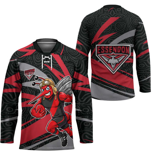 Essendon Bombers Australian Football Hockey Jersey Skeeta Mascot With Indigenous Pattern Art