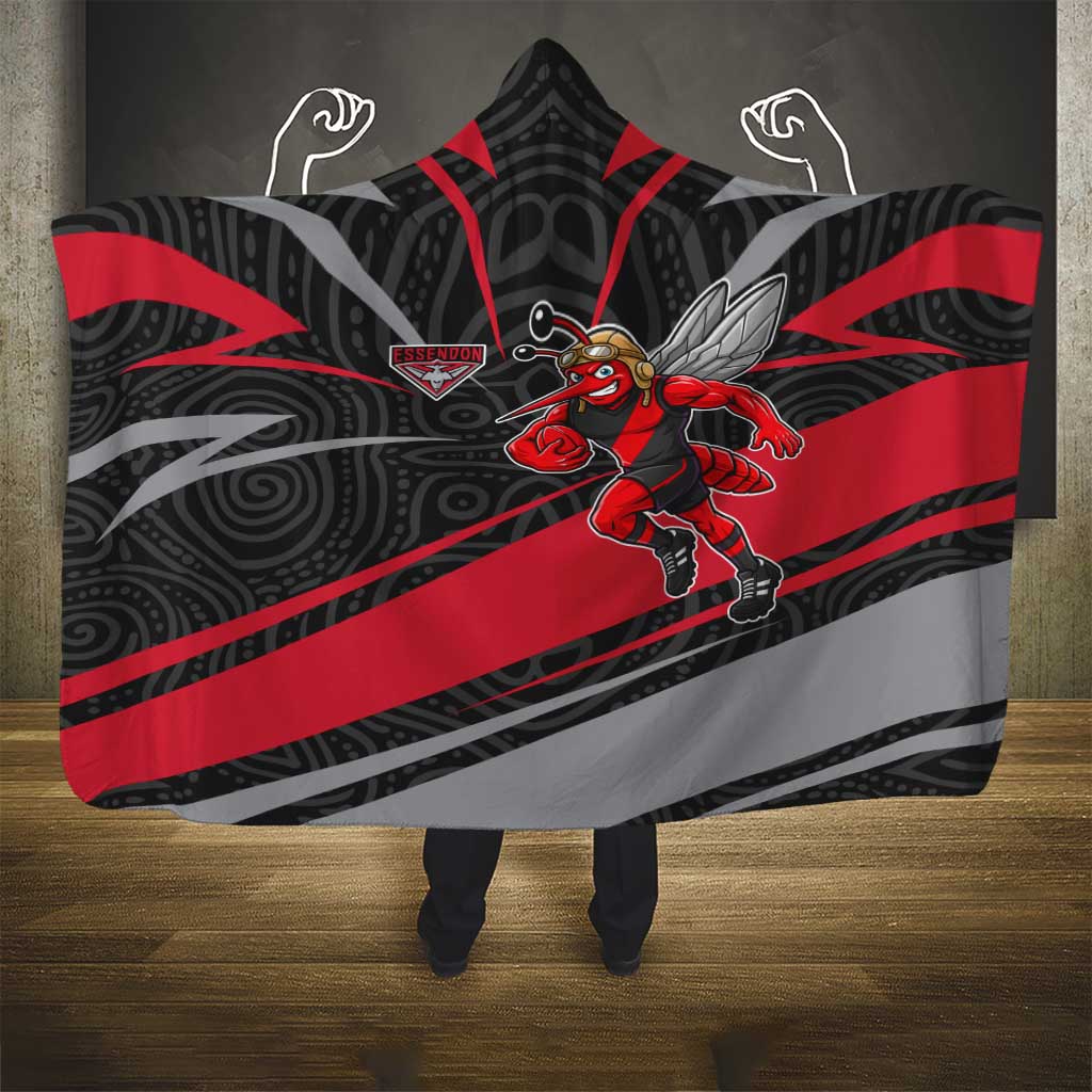 Essendon Bombers Australian Football Hooded Blanket Skeeta Mascot With Indigenous Pattern Art