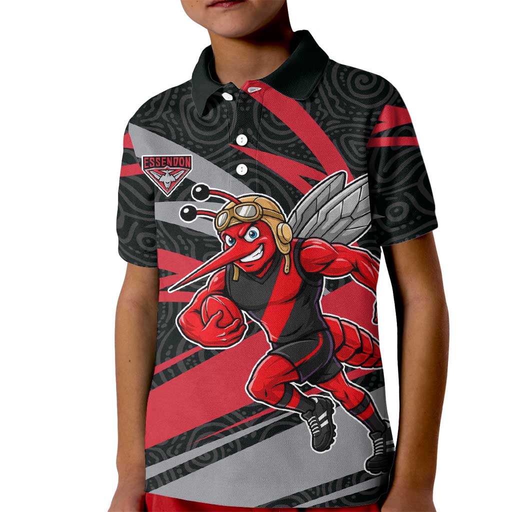 Essendon Bombers Australian Football Kid Polo Shirt Skeeta Mascot With Indigenous Pattern Art