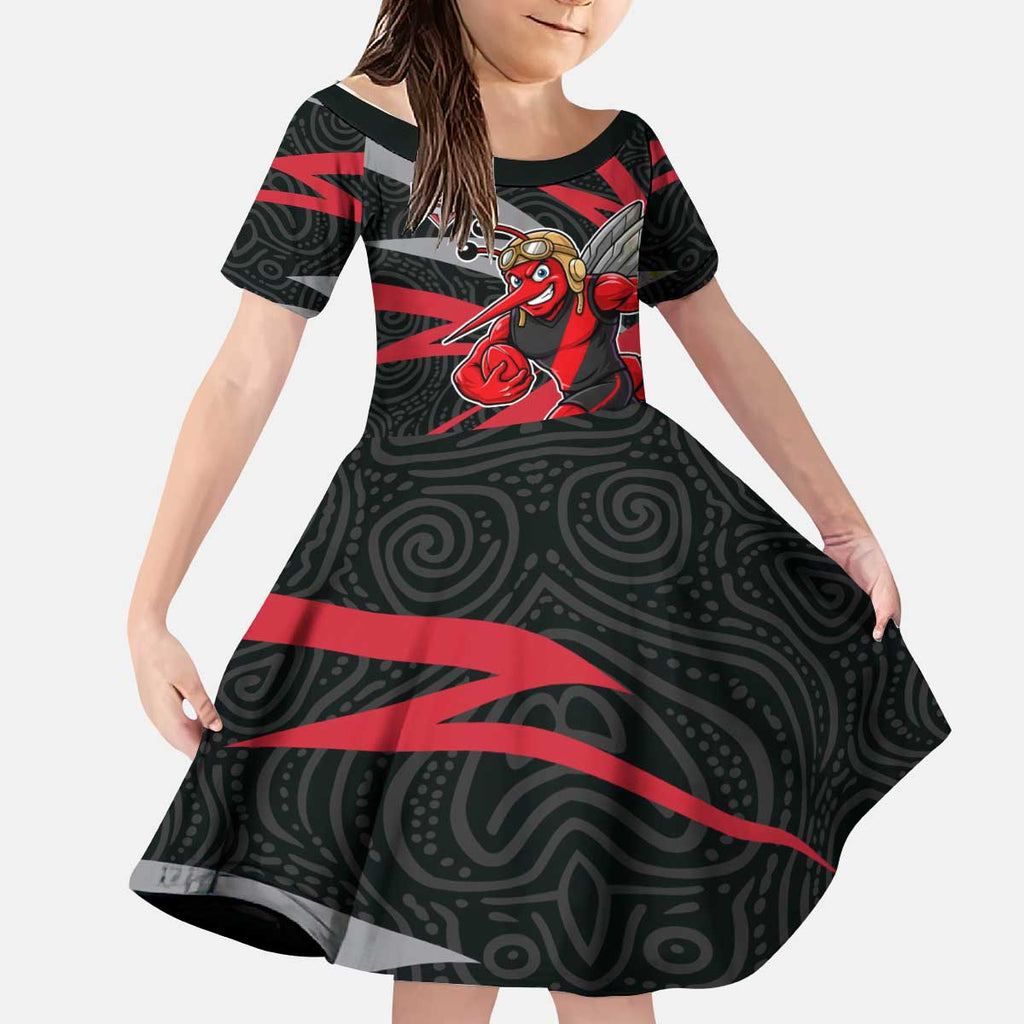 Essendon Bombers Australian Football Kid Short Sleeve Dress Skeeta Mascot With Indigenous Pattern Art