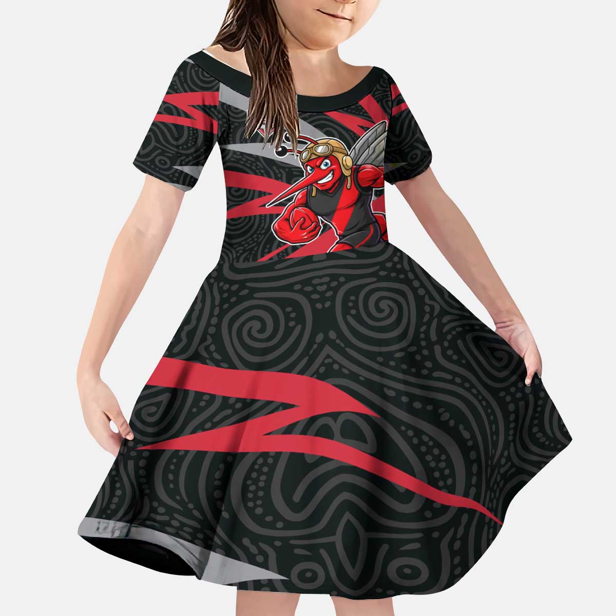 Essendon Bombers Australian Football Kid Short Sleeve Dress Skeeta Mascot With Indigenous Pattern Art