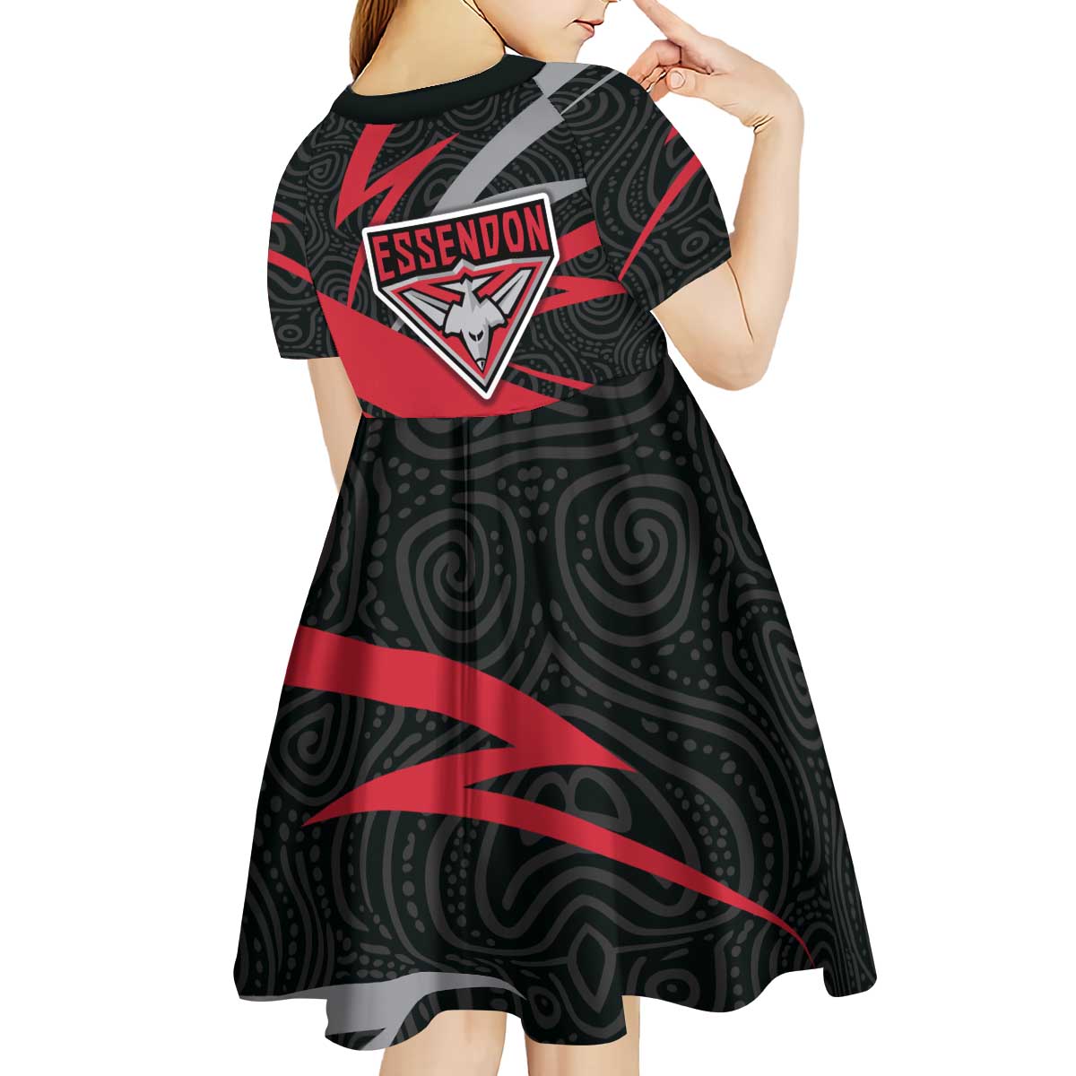 Essendon Bombers Australian Football Kid Short Sleeve Dress Skeeta Mascot With Indigenous Pattern Art
