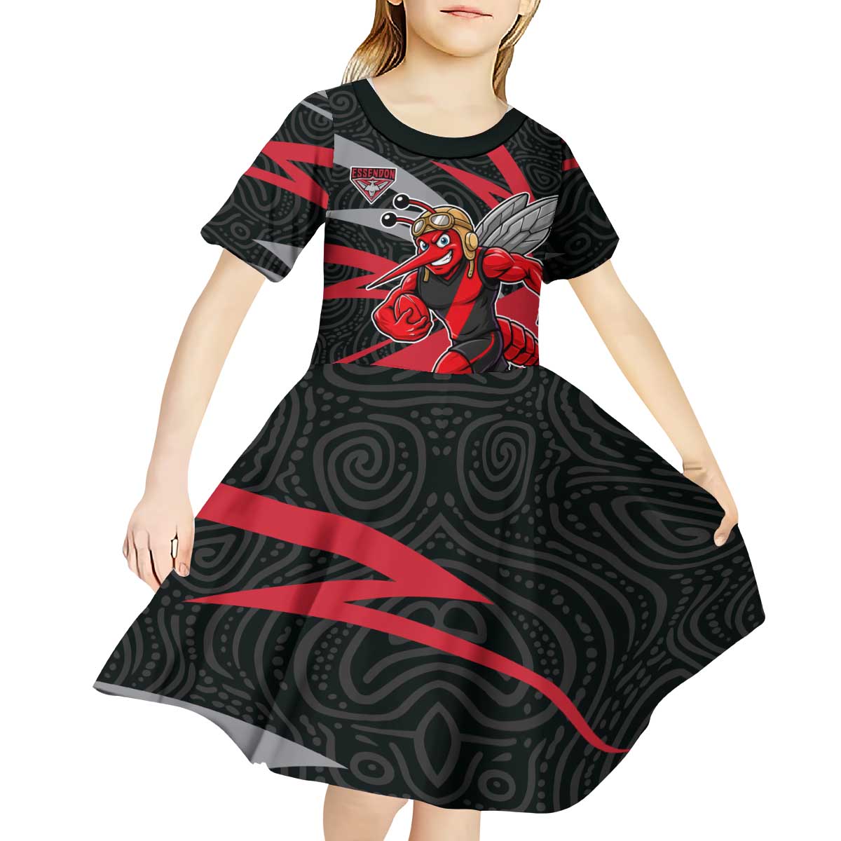 Essendon Bombers Australian Football Kid Short Sleeve Dress Skeeta Mascot With Indigenous Pattern Art