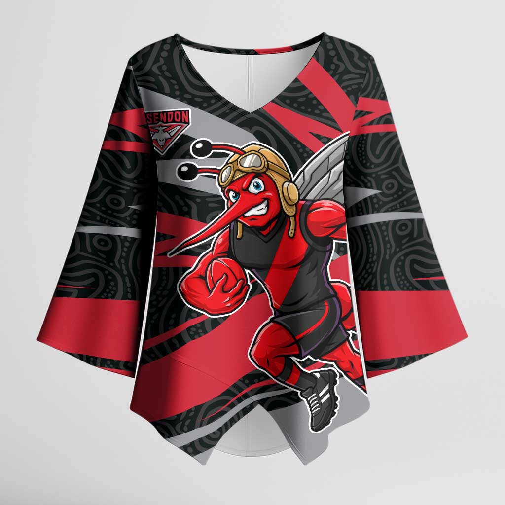 Essendon Bombers Australian Football Kimono Sleeve Blouse Skeeta Mascot With Indigenous Pattern Art