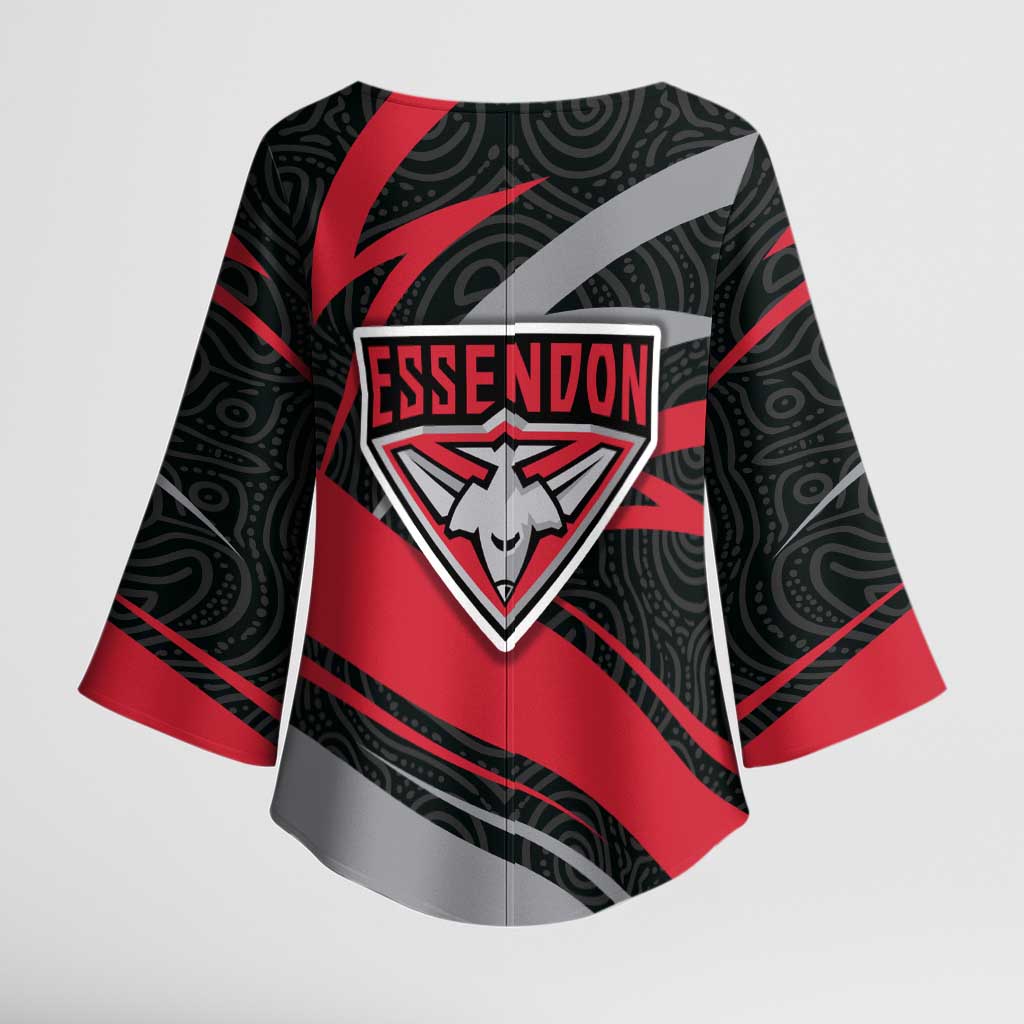 Essendon Bombers Australian Football Kimono Sleeve Blouse Skeeta Mascot With Indigenous Pattern Art