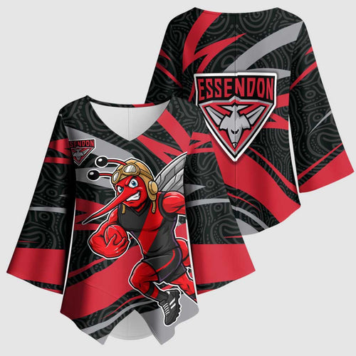 Essendon Bombers Australian Football Kimono Sleeve Blouse Skeeta Mascot With Indigenous Pattern Art