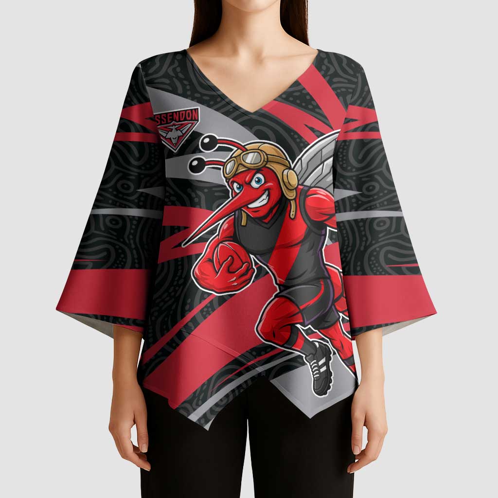 Essendon Bombers Australian Football Kimono Sleeve Blouse Skeeta Mascot With Indigenous Pattern Art