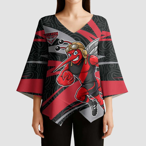 Essendon Bombers Australian Football Kimono Sleeve Blouse Skeeta Mascot With Indigenous Pattern Art