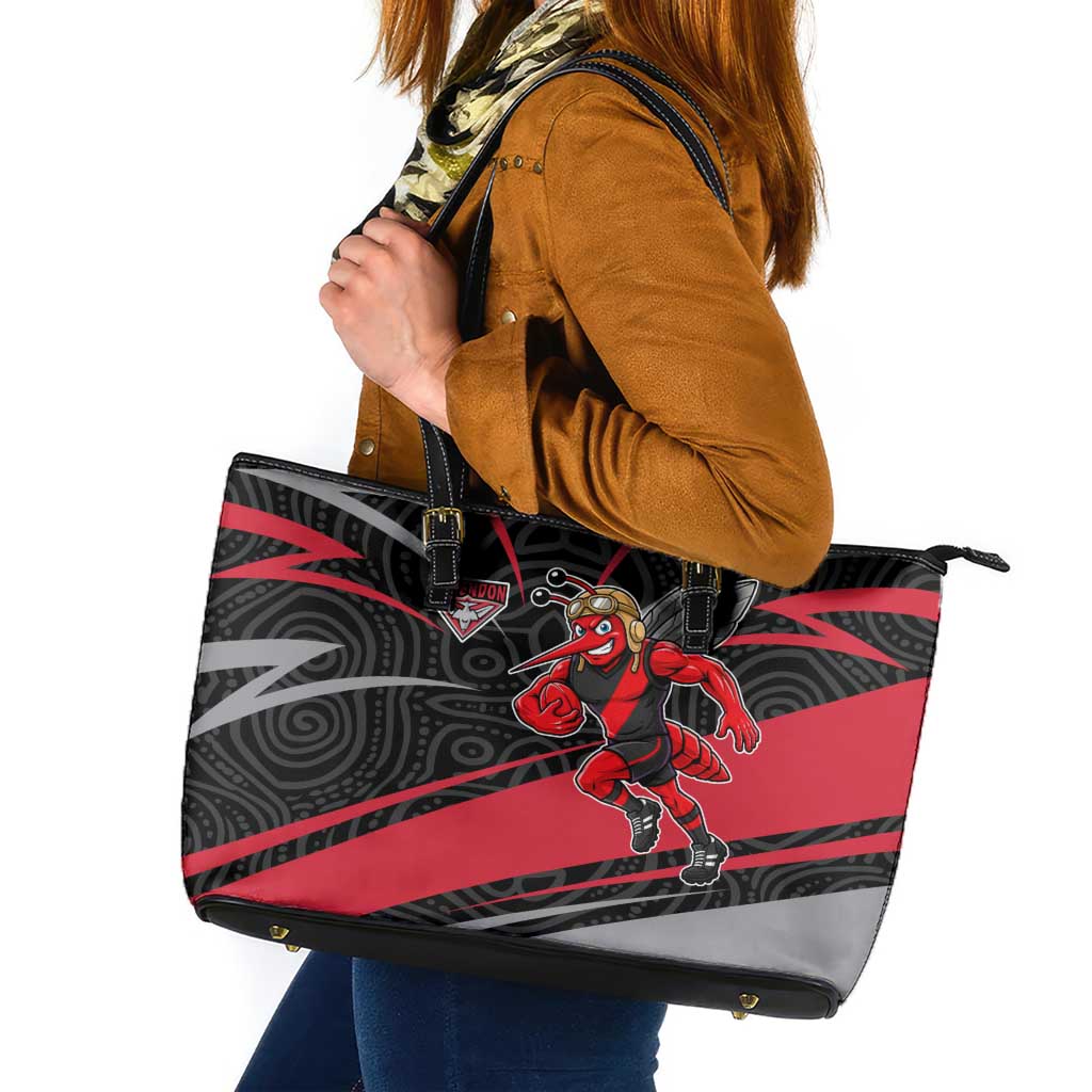 Essendon Bombers Australian Football Leather Tote Bag Skeeta Mascot With Indigenous Pattern Art