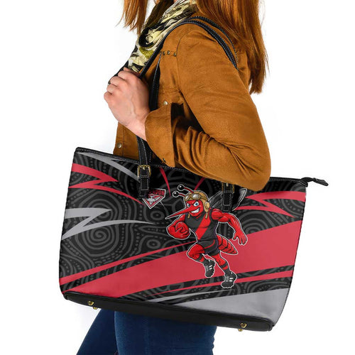 Essendon Bombers Australian Football Leather Tote Bag Skeeta Mascot With Indigenous Pattern Art