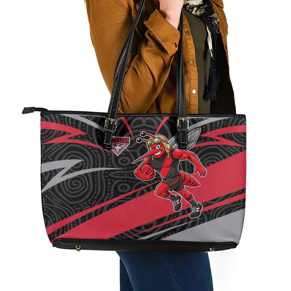Essendon Bombers Australian Football Leather Tote Bag Skeeta Mascot With Indigenous Pattern Art