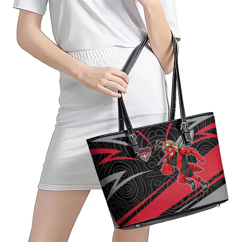 Essendon Bombers Australian Football Leather Tote Bag Skeeta Mascot With Indigenous Pattern Art