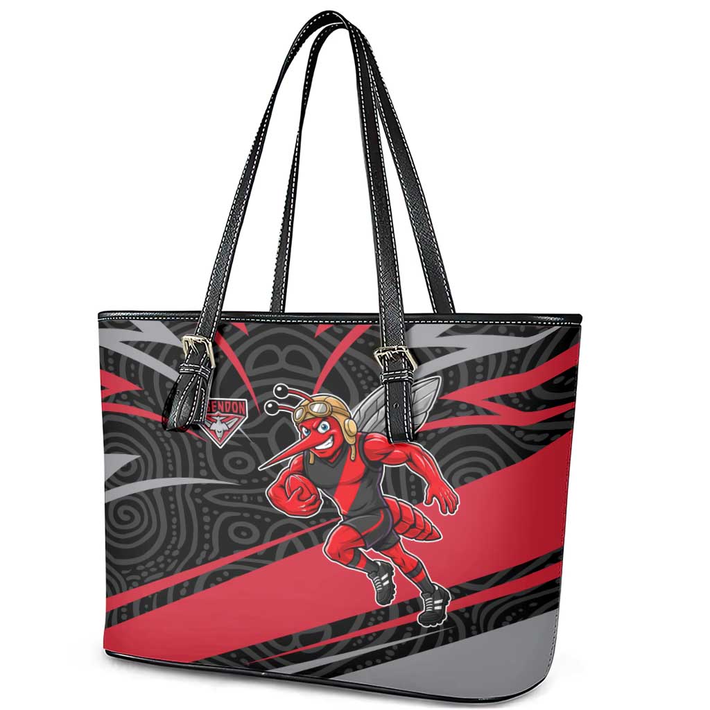 Essendon Bombers Australian Football Leather Tote Bag Skeeta Mascot With Indigenous Pattern Art