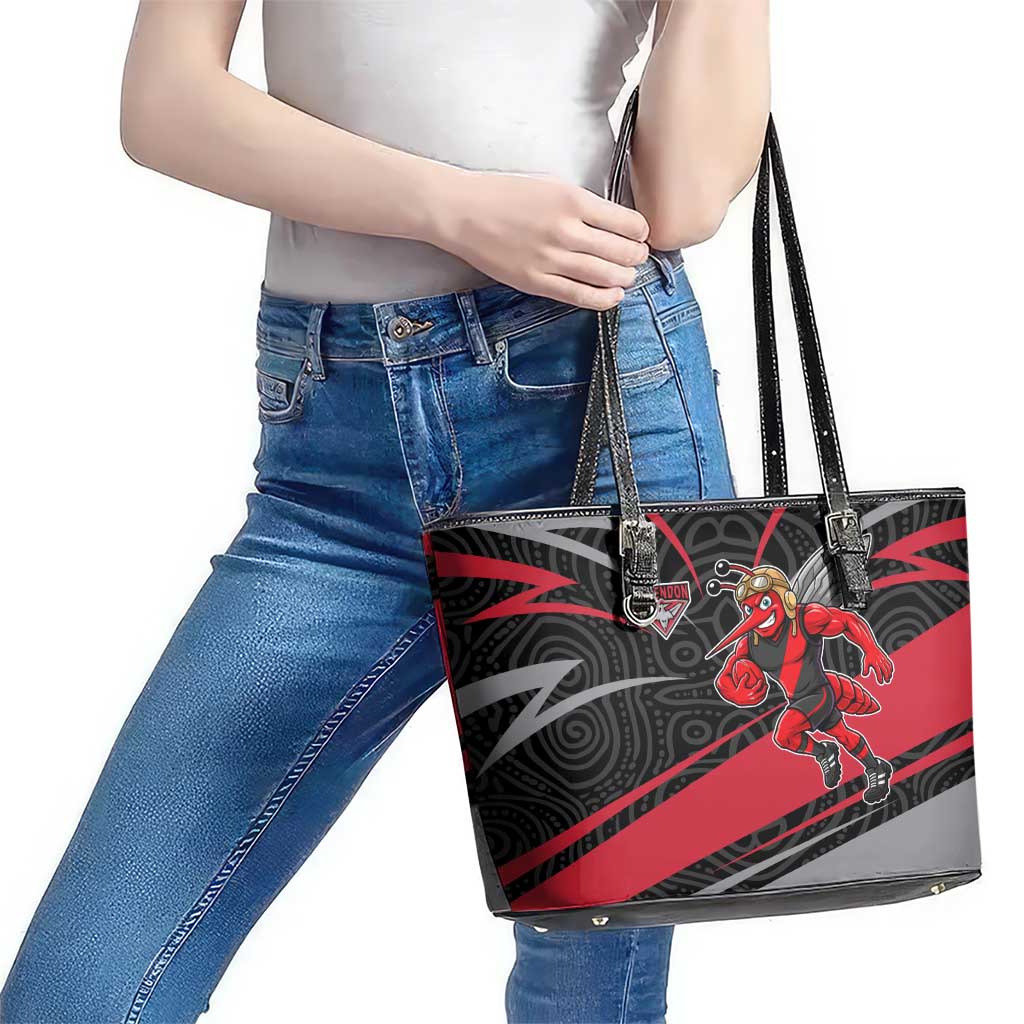 Essendon Bombers Australian Football Leather Tote Bag Skeeta Mascot With Indigenous Pattern Art