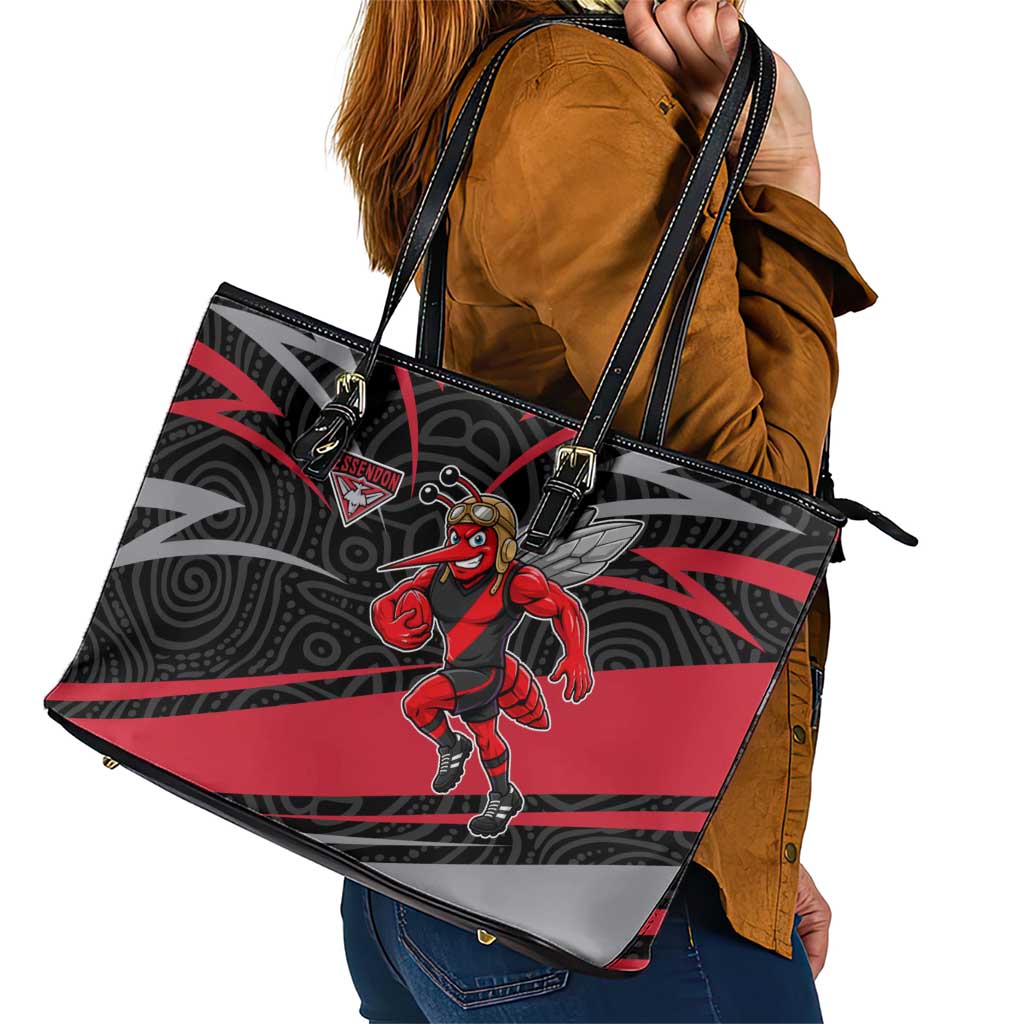 Essendon Bombers Australian Football Leather Tote Bag Skeeta Mascot With Indigenous Pattern Art