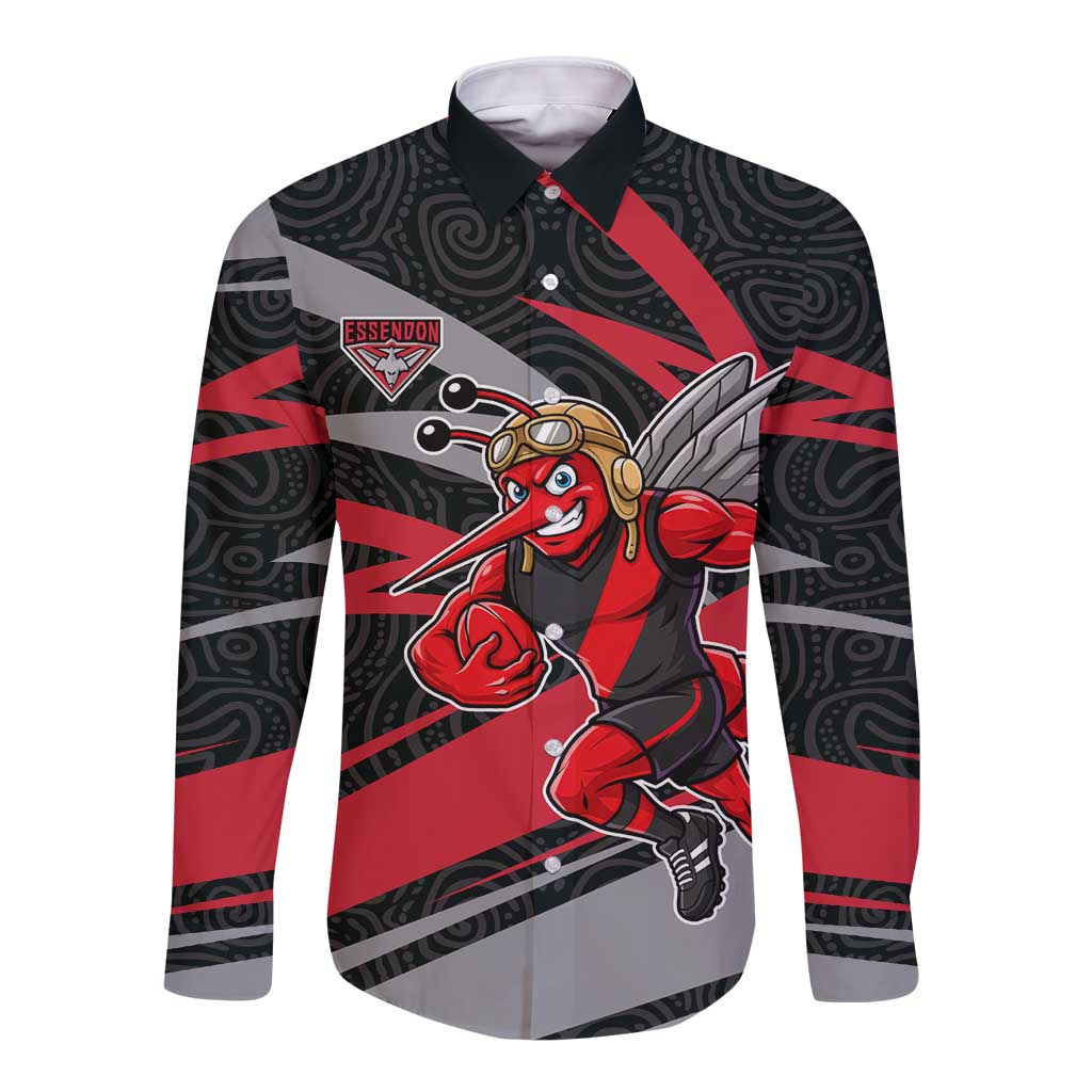 Essendon Bombers Australian Football Long Sleeve Button Shirt Skeeta Mascot With Indigenous Pattern Art