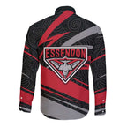 Essendon Bombers Australian Football Long Sleeve Button Shirt Skeeta Mascot With Indigenous Pattern Art