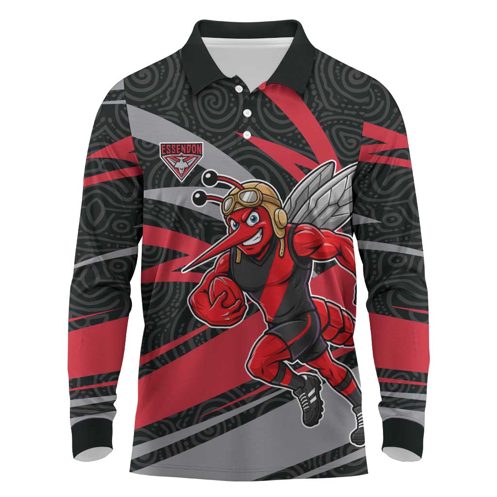 Essendon Bombers Australian Football Long Sleeve Polo Shirt Skeeta Mascot With Indigenous Pattern Art