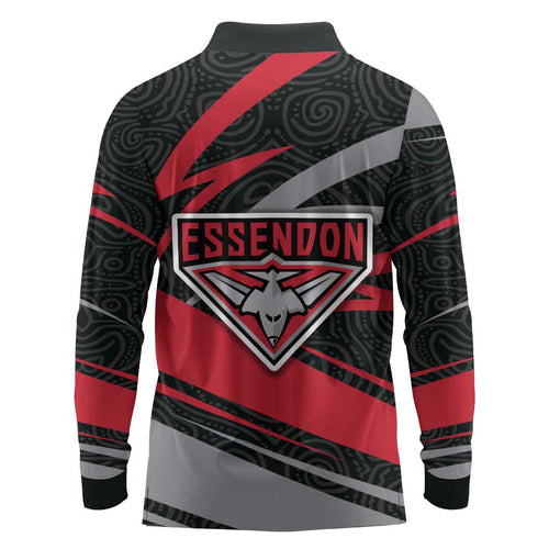 Essendon Bombers Australian Football Long Sleeve Polo Shirt Skeeta Mascot With Indigenous Pattern Art