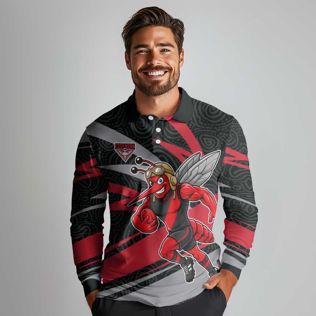 Essendon Bombers Australian Football Long Sleeve Polo Shirt Skeeta Mascot With Indigenous Pattern Art