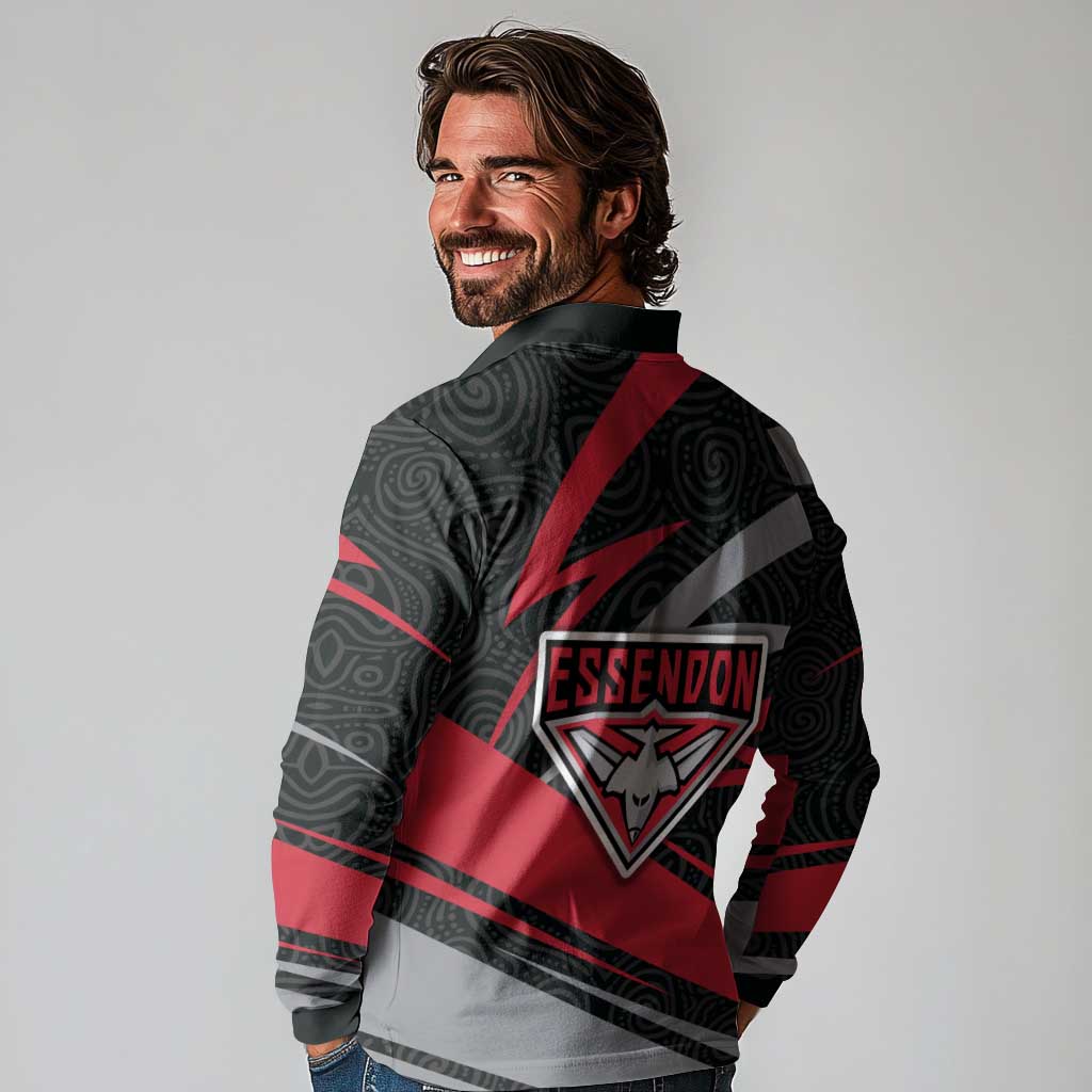Essendon Bombers Australian Football Long Sleeve Polo Shirt Skeeta Mascot With Indigenous Pattern Art